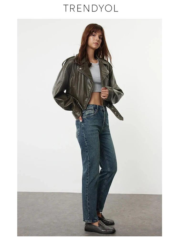 Trendyol TYZA Damen-Jeans, einfarbig, ohne Gürtel, Denim, ohne Taschen, gerades Bein, lässige Jeans, Freizeithose, Denim-Shorts