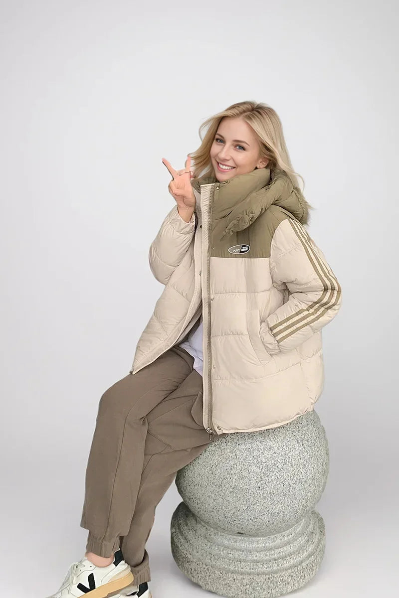 2024 neue Winter Damen jacke Kontrast lässig Kapuze Daunen Baumwoll jacke weiblich verdicken warme lose Puffer gepolsterte Parkas Mäntel