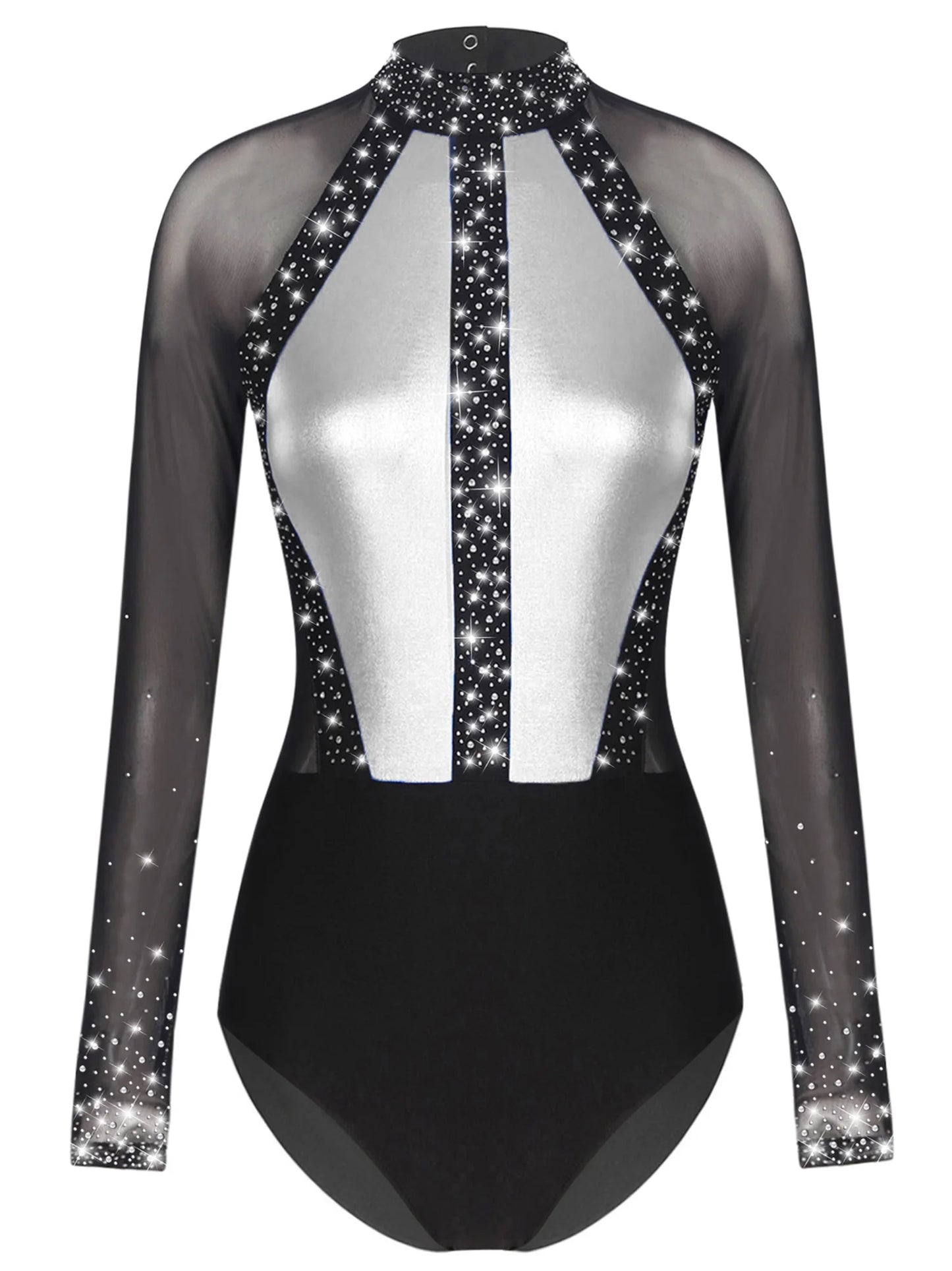 Funkelnde Strass steine für Damen Farb block Gymnastik Trikots Langarm Ballett Tanz Bodysuit Overall sportliche Tanz kleidung