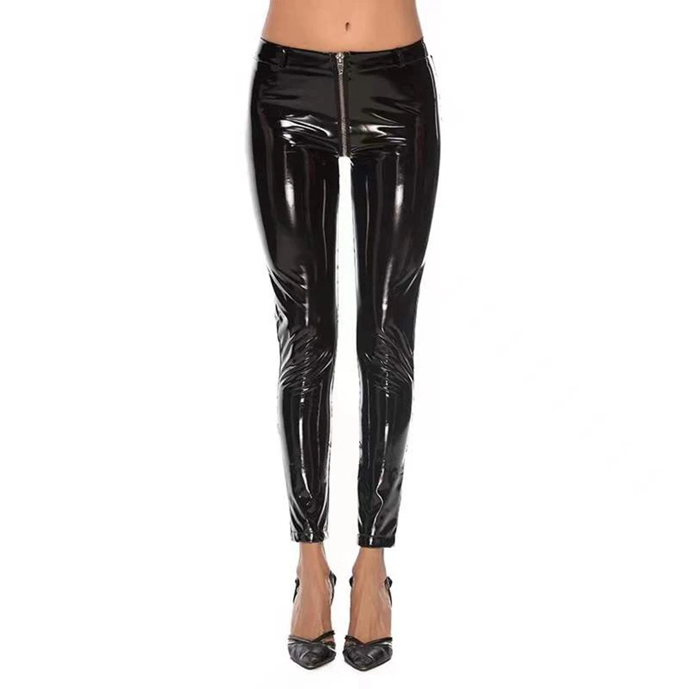 Frauen sexy niedrige Taille offene Schritt Leggings Lack leder schlanke volle Reiß verschluss Schritt Bodycon Hosen Wet Look Nachtclub tragen benutzer definierte Sex