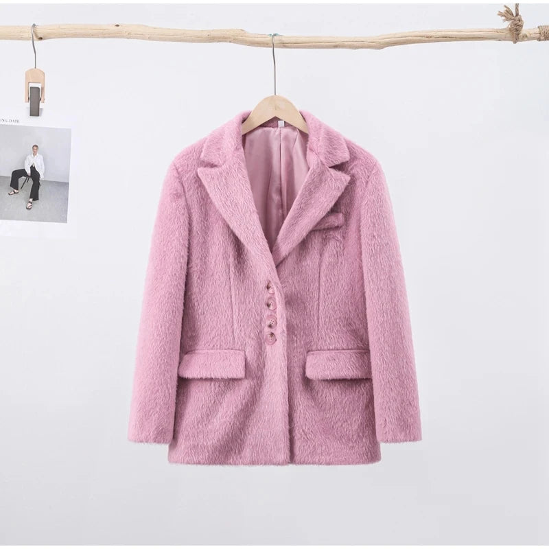 Trafza Frauen Mode Plüsch Blazer elegante solide y2k Frauen Langarm Einreiher Anzug Mantel Frühling weibliche Freizeit jacken