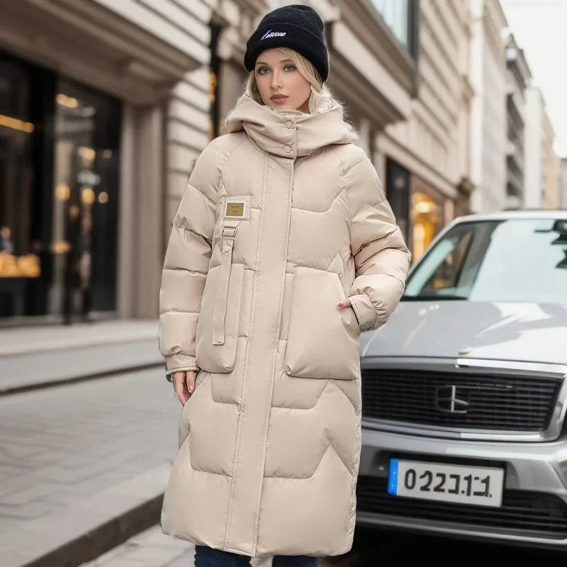 2024 Winter Parka Woman Long Jacket Hooded Thicken Loose Zipper Pockets Warm Snow Wear New Casual Female Down Cotton Padded Coat