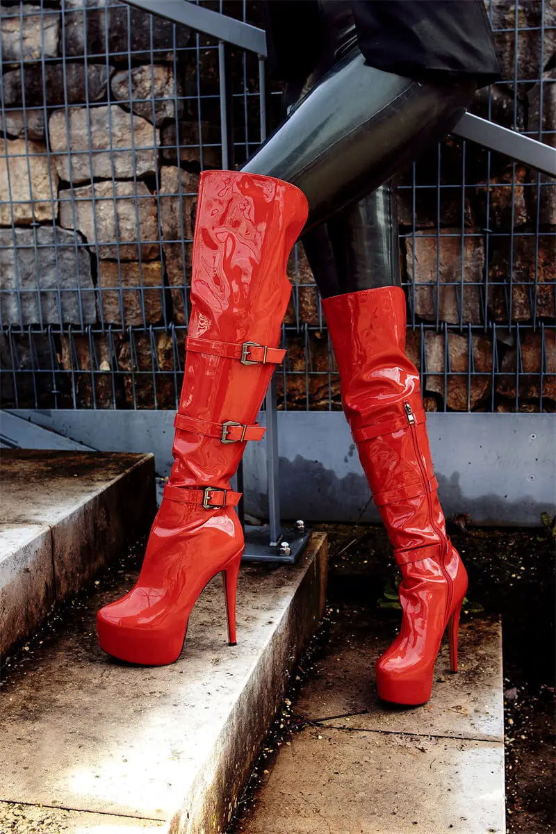 Only maker Frauen Plattform runde Zehen Stiletto Seite Reiß verschluss über dem Knie hohe Stiefel Lack leder rot Mode sexy Winters tiefel