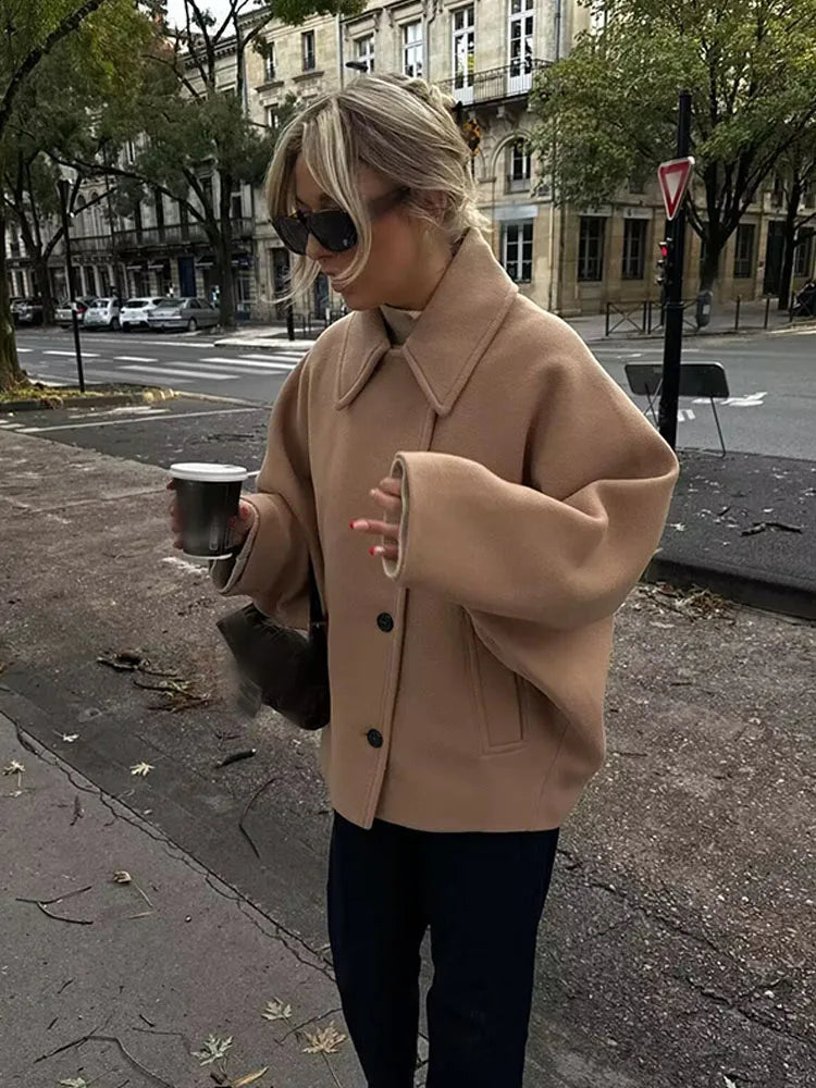 TRAFZA Winter Khaki Damen Lose Jacke Stehkragen Langarm Einreiher Freizeitjacke Damen Wollmischung Top 3 Farben