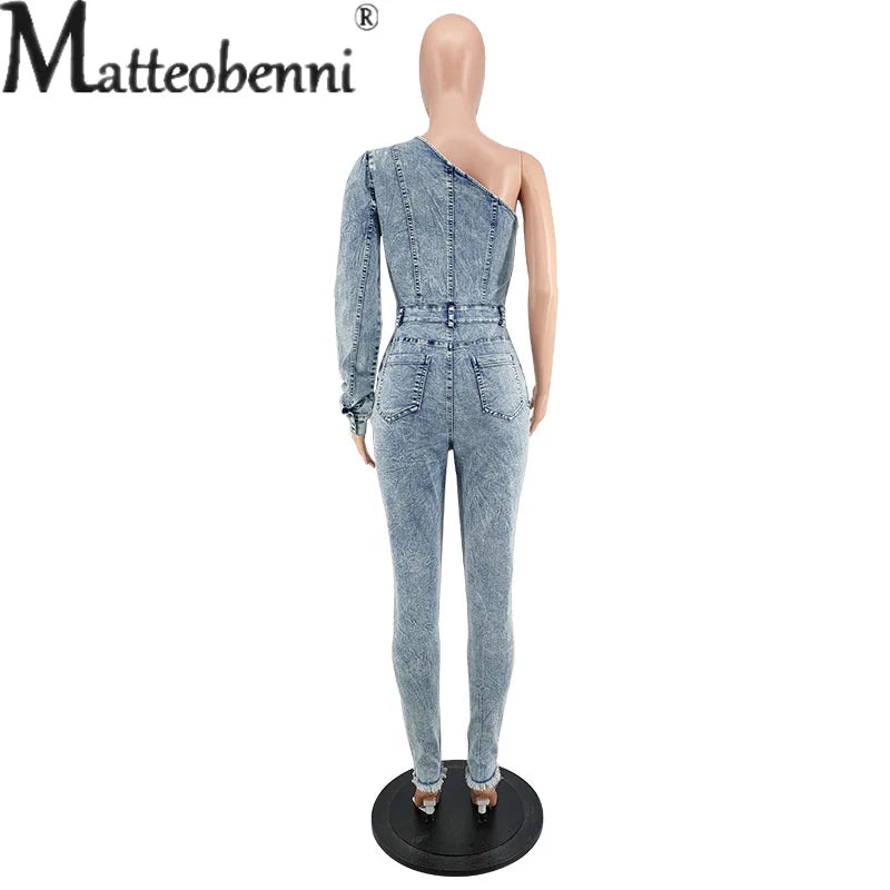 Frauen 2023 Herbst Einzigen Ärmeln Off Schulter Slim Fit Overall Licht Blau Jeans Spleißen Tasche Casual Denim Kleidung Weibliche