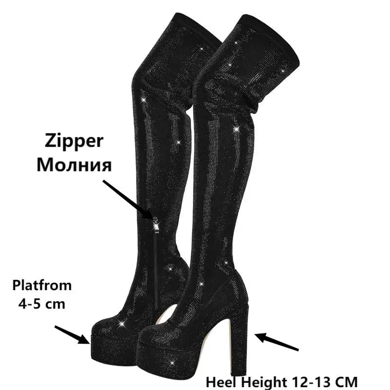 Only maker Frauen Plattform über dem Knie Stiefel schwarz Strass dicke High Heels Seite Reiß verschluss Punk-Stil Round toe Party Stiefel