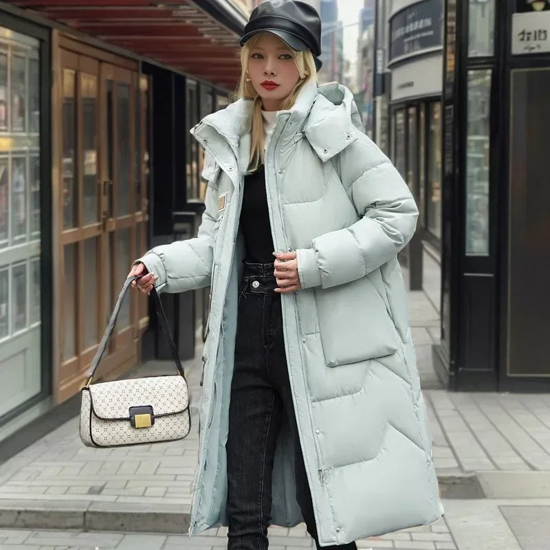 2024 Winter Parka Woman Long Jacket Hooded Thicken Loose Zipper Pockets Warm Snow Wear New Casual Female Down Cotton Padded Coat