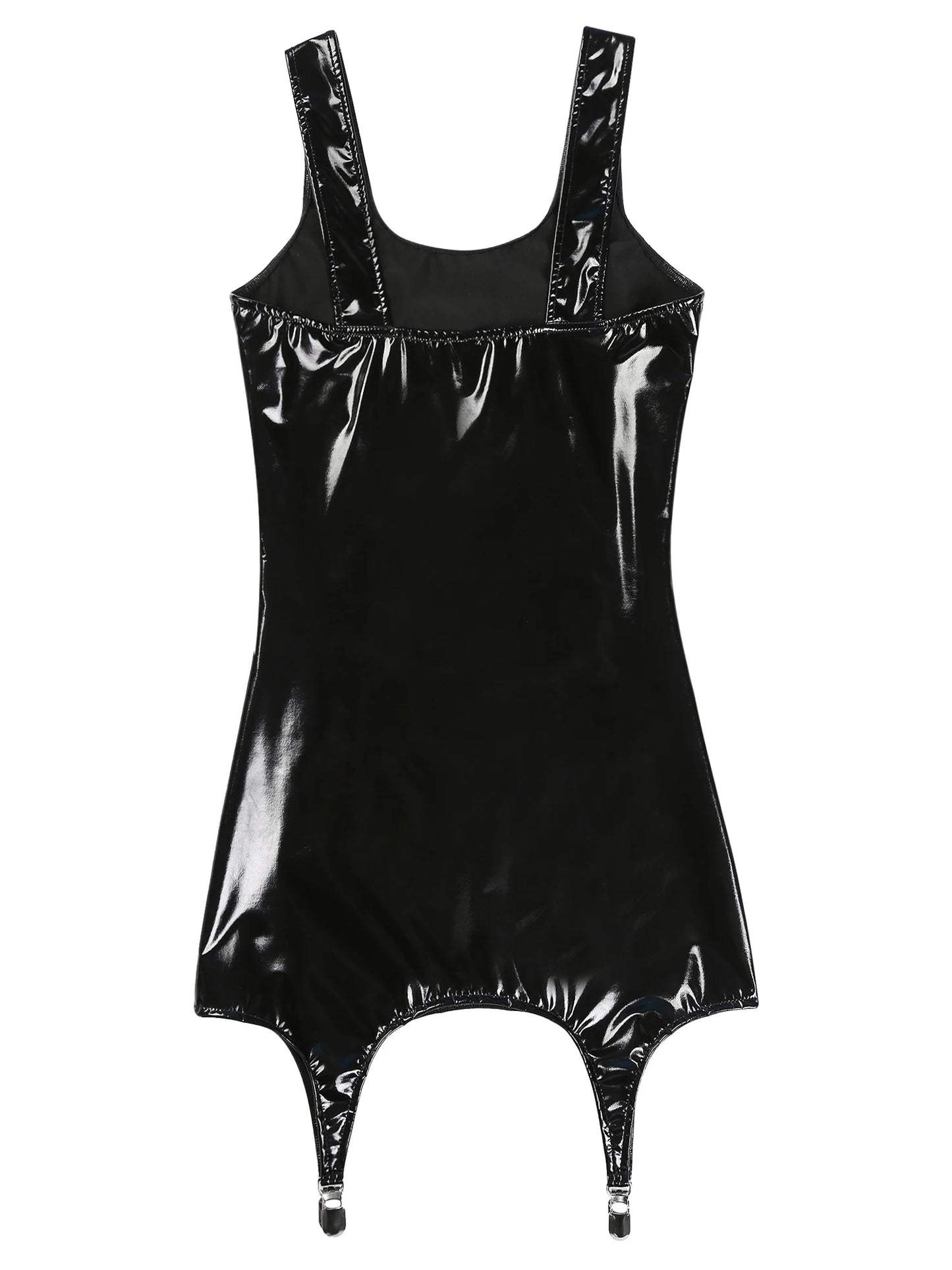 Frauen Wet Look PVC Leder Sleeveless Tank Bodycon Latex Party Nacht Club Rave Dance Mini Kleid mit Metall Clips Clubwear