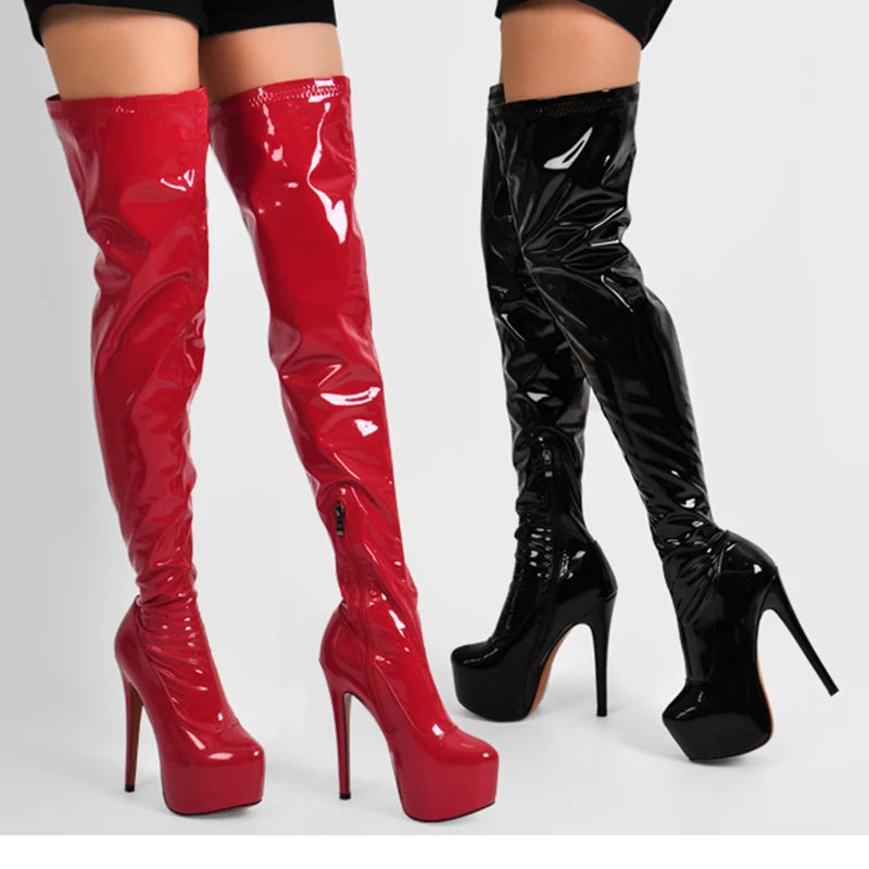 Only maker Frauen schwarz über dem Knie Stiefel Lack leder dünne High Heel Reiß verschluss weibliche Winter sexy Lady Stiefel