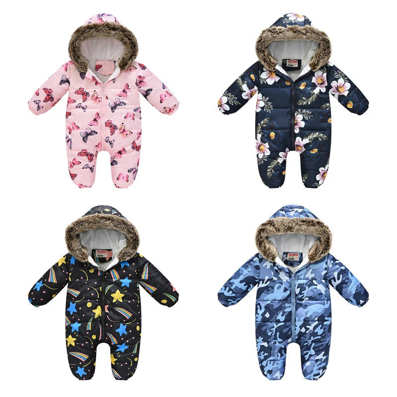 6 9 12 18 24 36 Monate Winter Baby Stram pler niedlichen Cartoon warme Mode Kapuze Reiß verschluss Pelz Kragen Junge Overall neue Kinder tücher