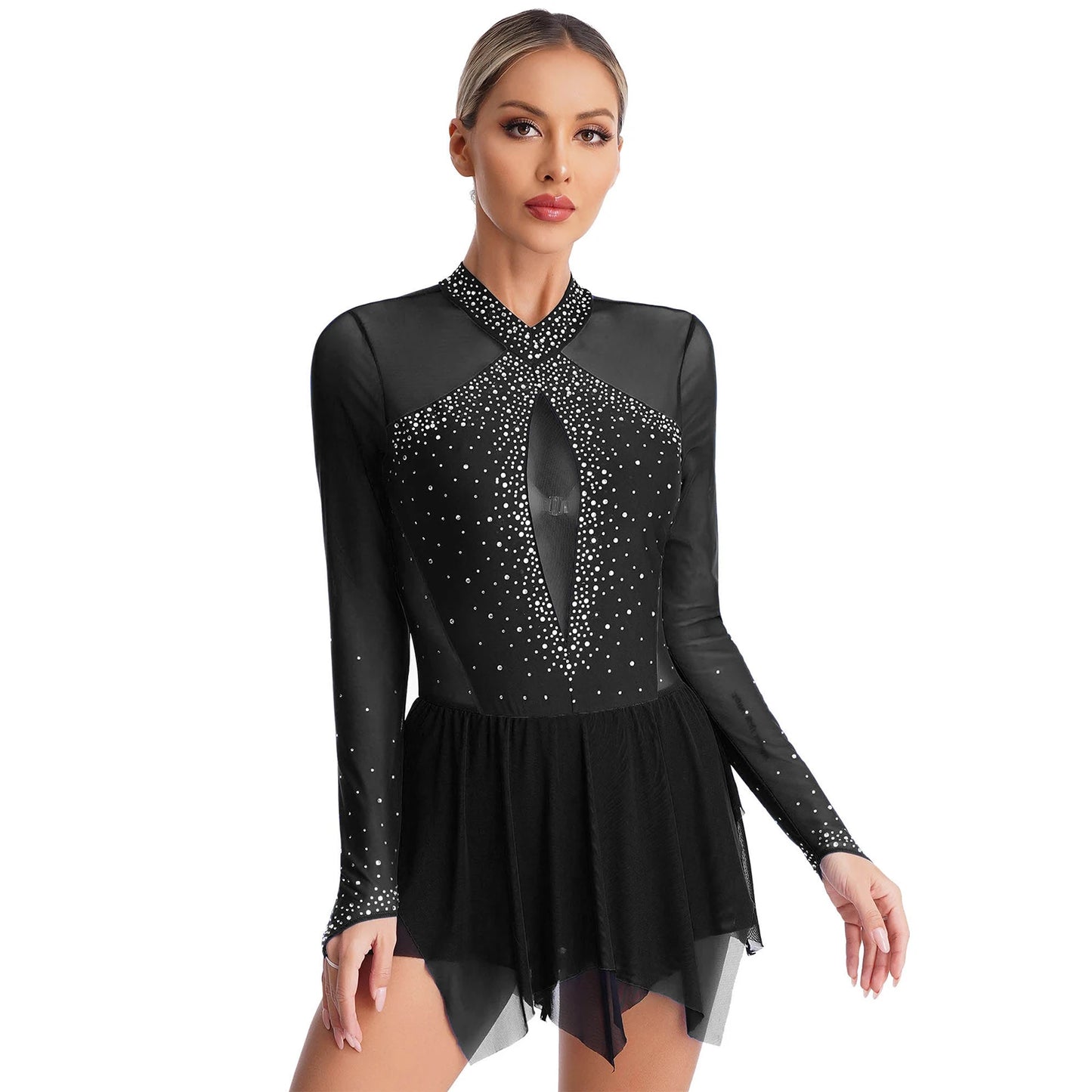 Womens Sparkling Rhinestones Ballet Lyrical Figure Skating Dance Dress Irregular Hem Keyhole Back Long Sleeve Gymnatics Dresses