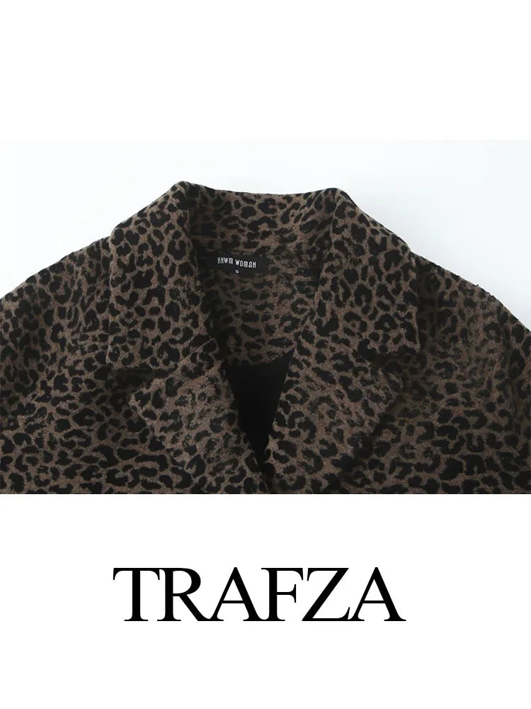 Trafza Frauen elegante Revers Tasche einreihig Design lässig schlanken Mantel Frau Herbst Leoparden muster lange Ärmel losen Mantel