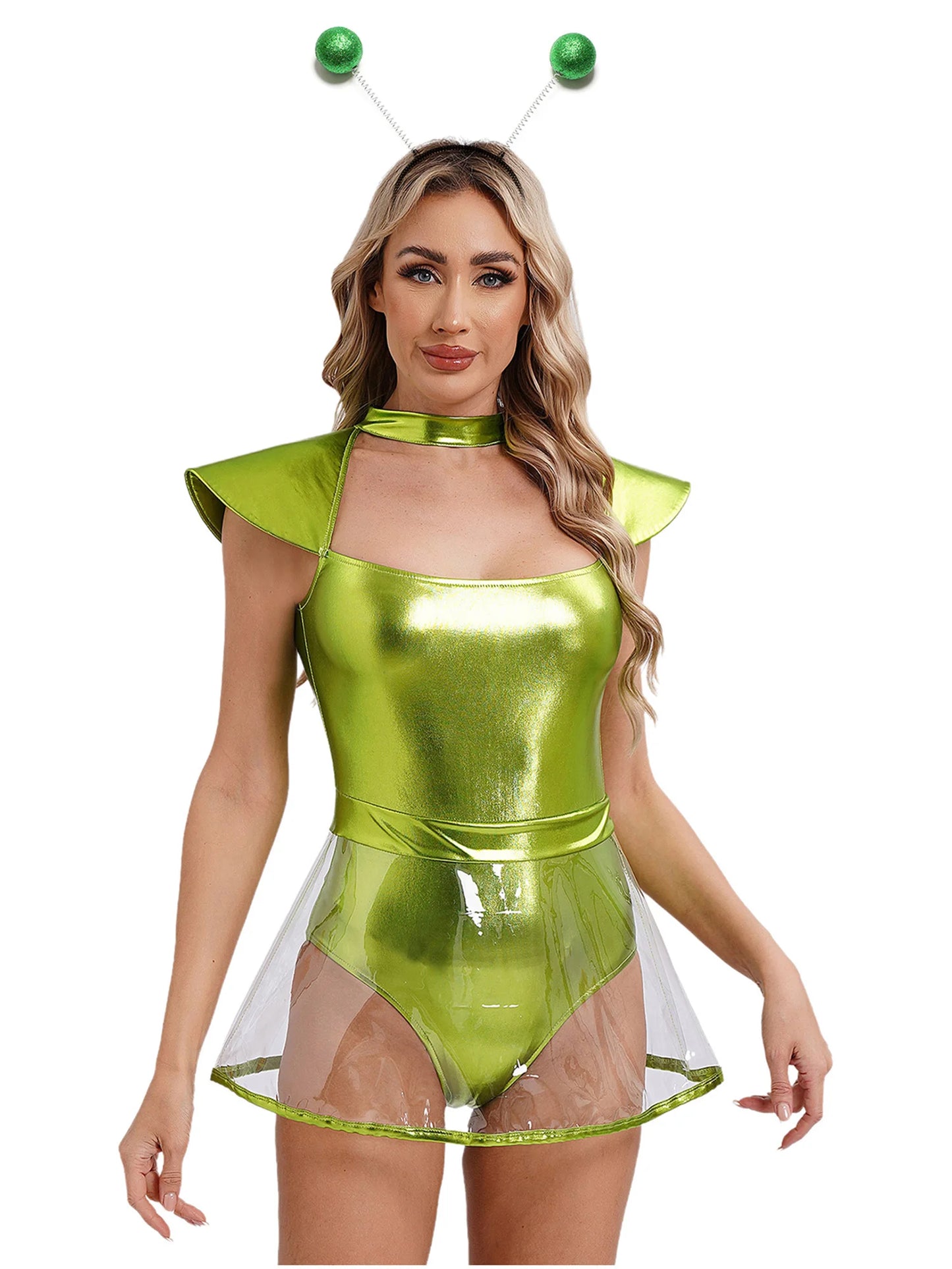 Frauen Weltraum Alien Kostüm Metallic Ausschnitt Rock Trikot Bodysuit außer irdische Halloween Cosplay Party verkleiden