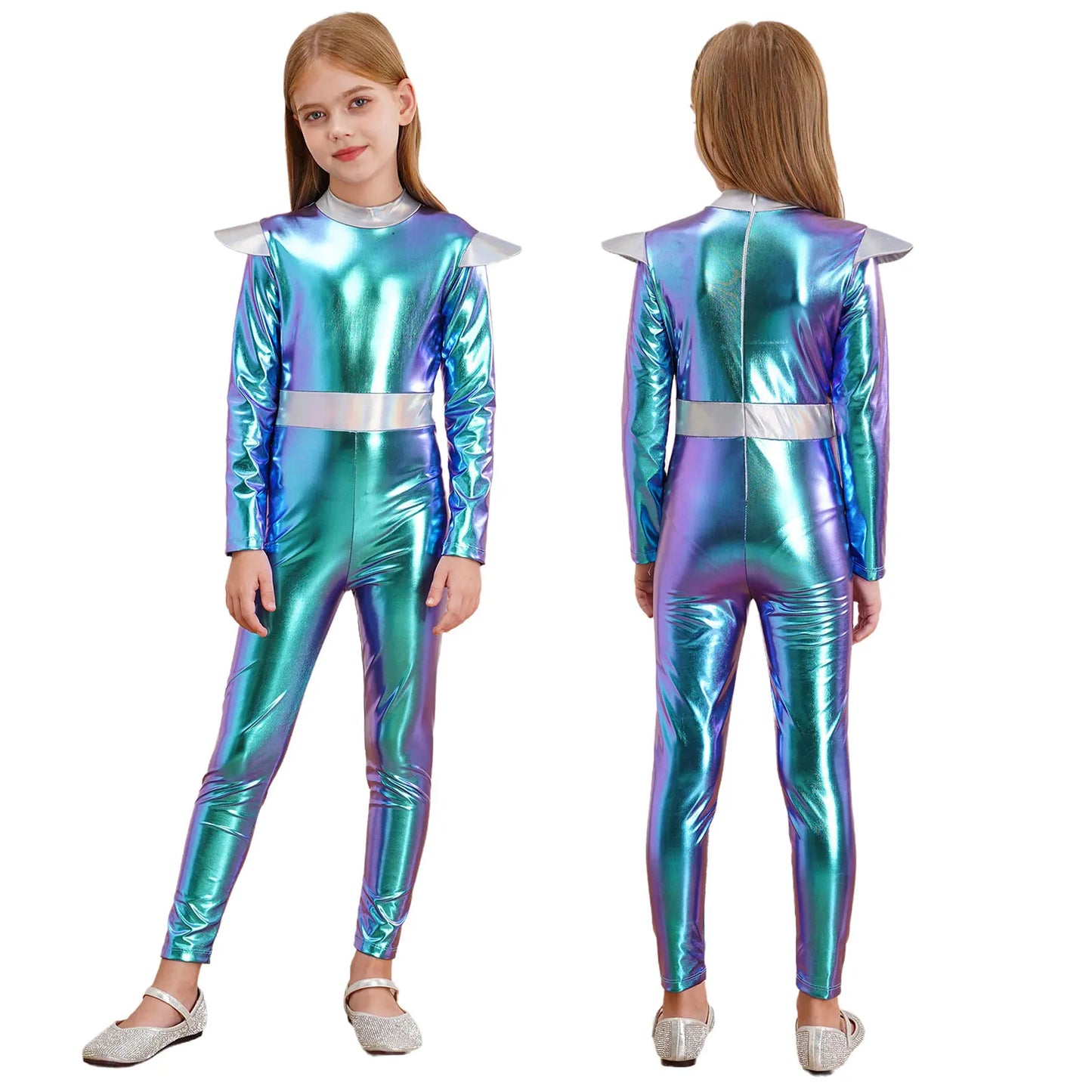 Kinder Mädchen Alien Kostüm Weltraum Kadett Holographische Metallic Ganzkörper Bodysuit Overall Halloween Party Cosplay Dress Up