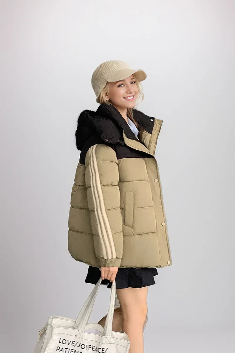 2024 neue Winter Damen jacke Kontrast lässig Kapuze Daunen Baumwoll jacke weiblich verdicken warme lose Puffer gepolsterte Parkas Mäntel