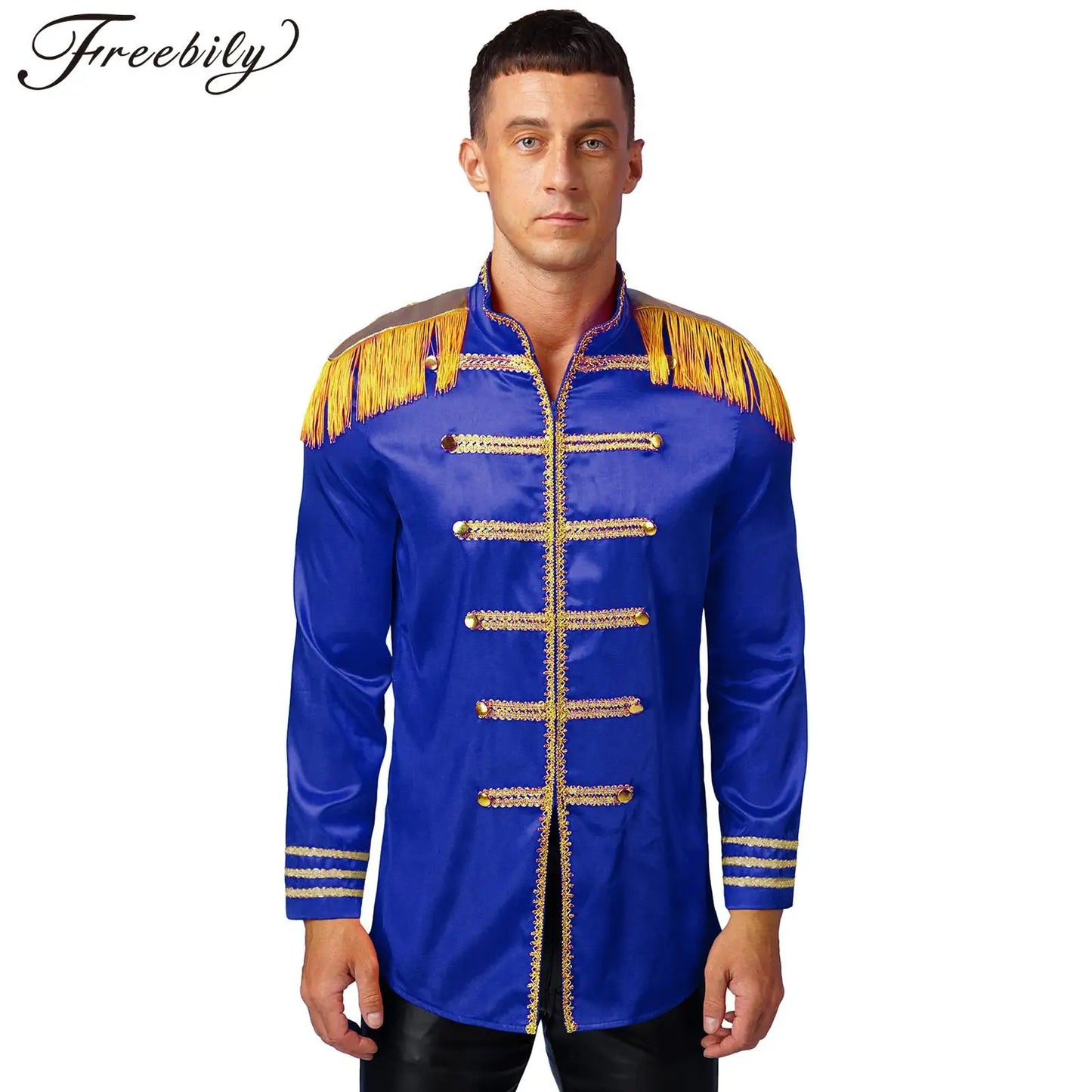 Mens Halloween Hippy Medieval Long Outerwear Tassel Shoulder Boards Gold Trims Front Zip-up Satin Jackets Cosplay Costumes