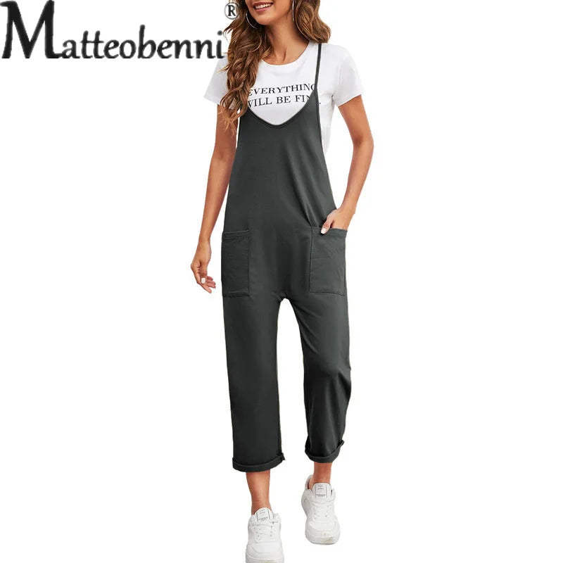 Sommer frauen Schlinge Overall Einfarbig Casual Spleißen Tasche Ein Stück Outfits Weibliche Neue Lose Bodysuit Gerade Lange Hosen