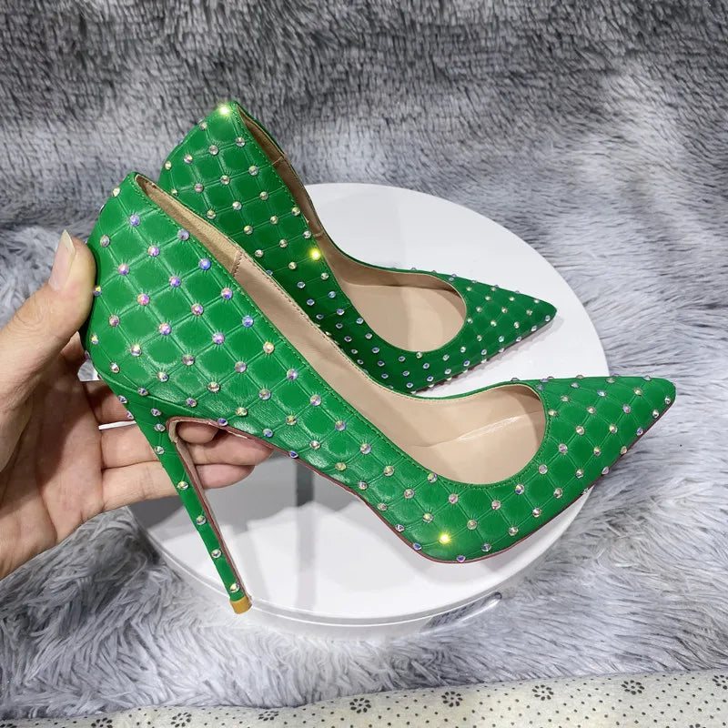 Green diamond high heels Effect Women Pointy Toe High Heels 8cm 10cm 12cm Customize Ladies Sexy Stiletto Pumps Club Party Shoe