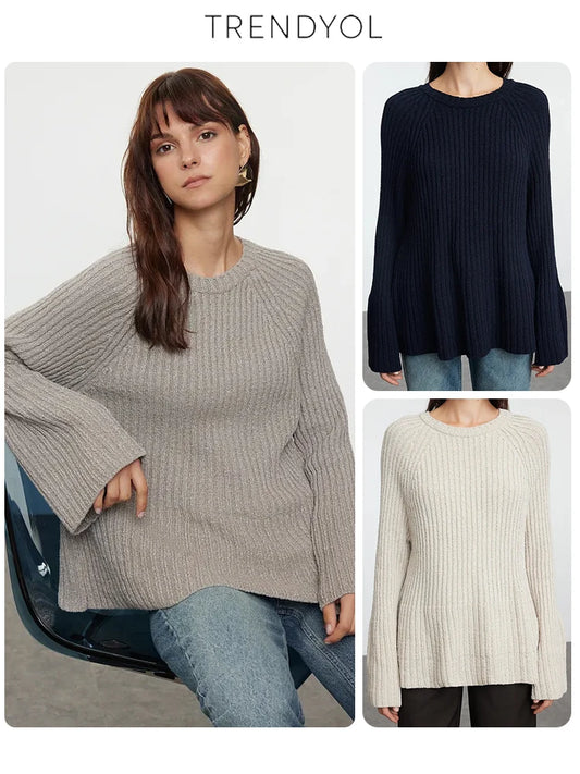 Trendyol TYZA Damen-Pullover, lässig, Übergröße, Rundhalsausschnitt, einzelnes Nummernschild, einfarbig, Strickwaren, Pullover mit Standardärmeln und Pullover