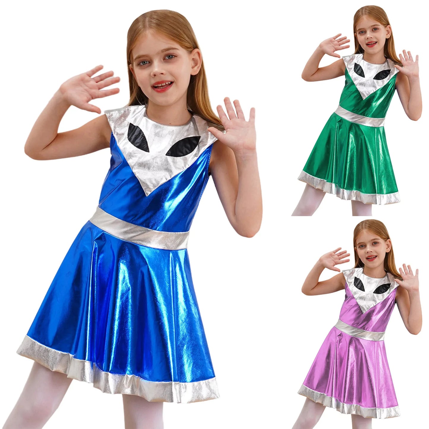 Kinder Mädchen Galaxy Outer Space Cutie Kostüm Halloween Alien Shiny Metallic A-Linie Kleider für Karneval Festivals Cosplay Party