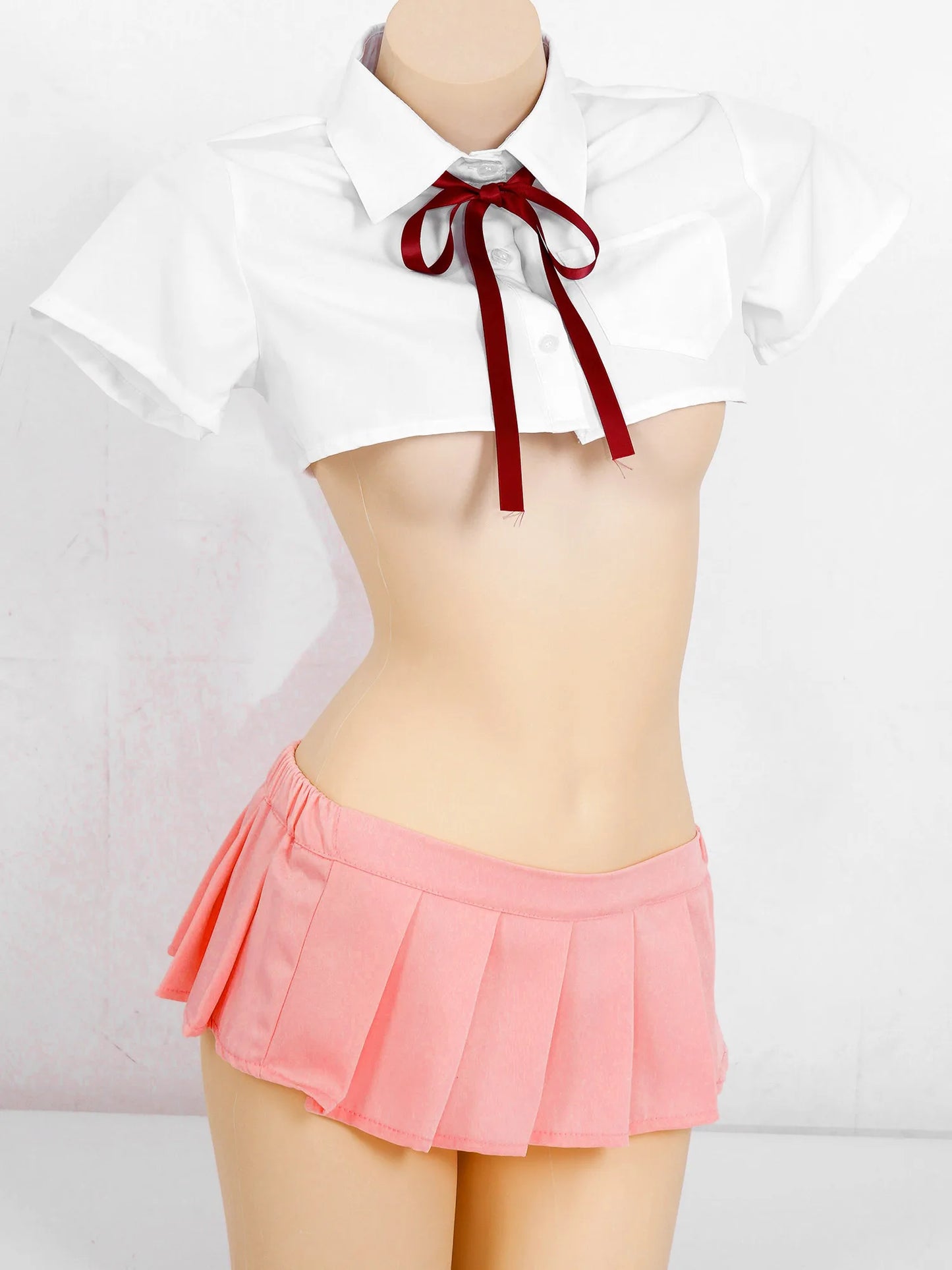 Sexy Schoolgirl Uniform Erotic Student Role Play Costume Japanese School Girl Short Sleeve Cropped Shirt with Mini Skirt Bow Tie