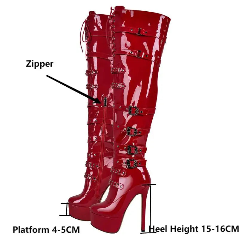 Only maker Frauen Plattform Stiletto rot über dem Knie hohe Stiefel Seite Reiß verschluss Lack leder Mode sexy Winter weibliche Stiefel