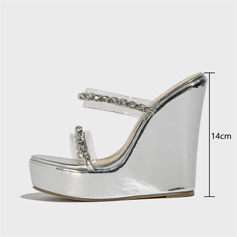 Liyke Designer Strass Nieten Damen 14CM Keile Hausschuhe Mode Offene spitze Super High Heels Plattform Sandalen Transparent Schuh