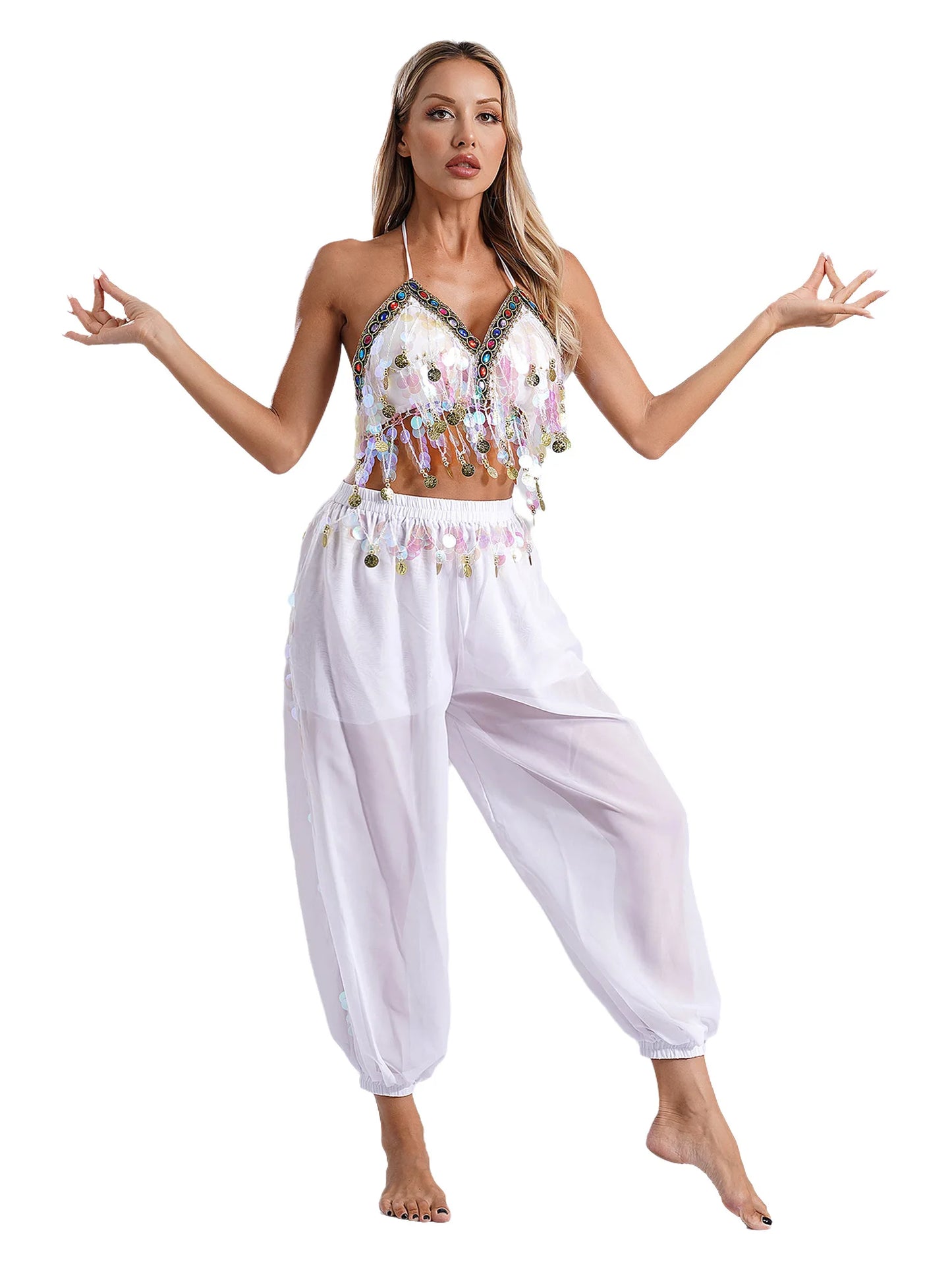 Damen Bauchtanz Outfit Pailletten Tops mit Harems hosen Halloween Kostüm Bollywood indischen Tanz Bühne Performance Kostüm