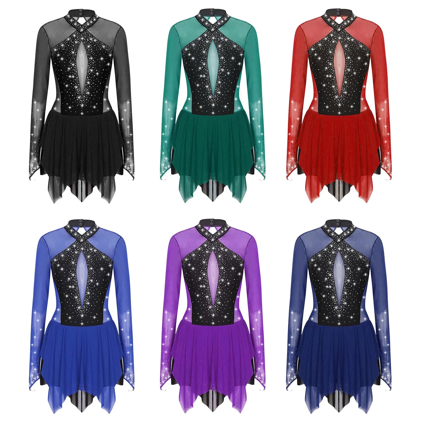 Womens Sparkling Rhinestones Ballet Lyrical Figure Skating Dance Dress Irregular Hem Keyhole Back Long Sleeve Gymnatics Dresses