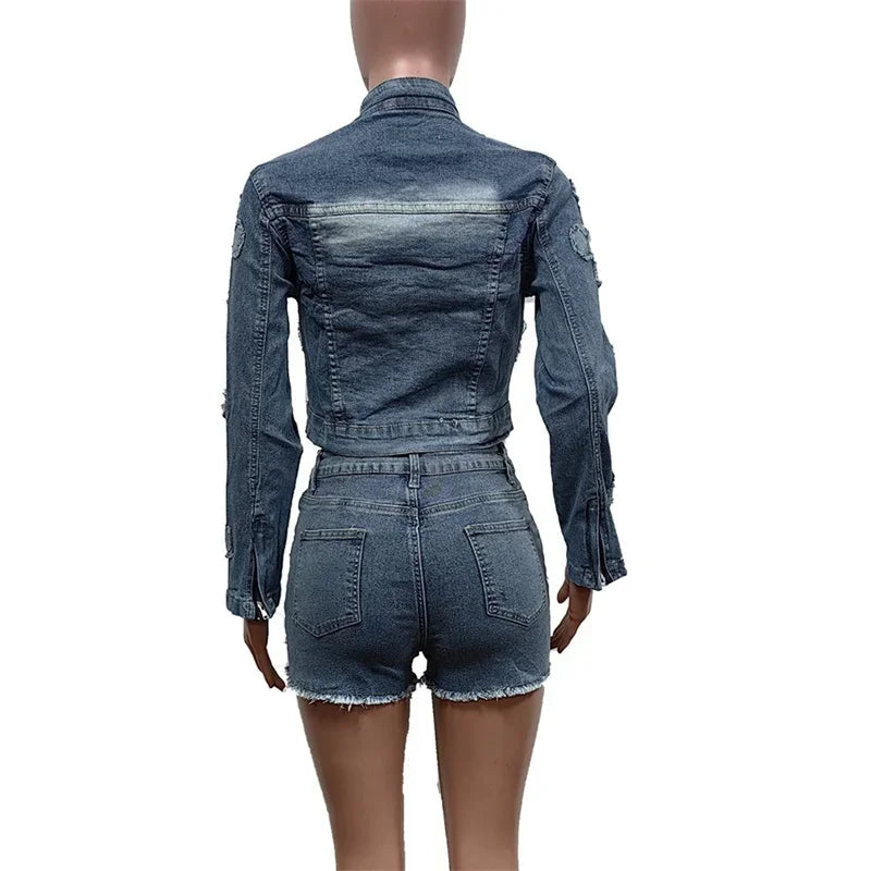 Frauen Vintage Stickerei Kreuz zweiteilige Sets Reiß verschluss Strickjacke Knopf Spleiß o Hals kurze Jacke weibliche Jeans anzüge Quaste Shorts