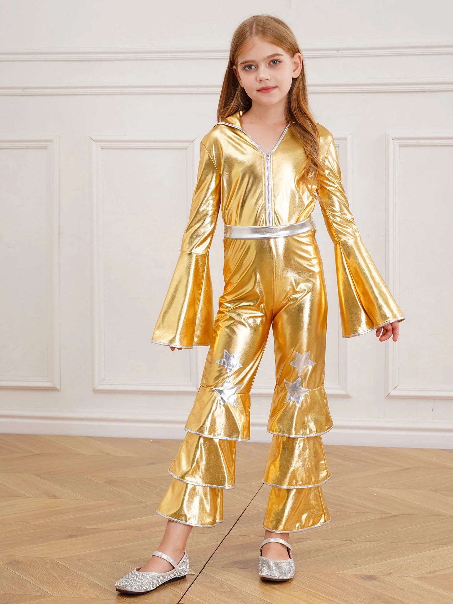 Kids Girls 70s 80s Disco Costume Metallic Flare Sleeve Ruffle Bell Bottom Jumpsuit Halloween Cosplay Funky Dancing Bodysuit