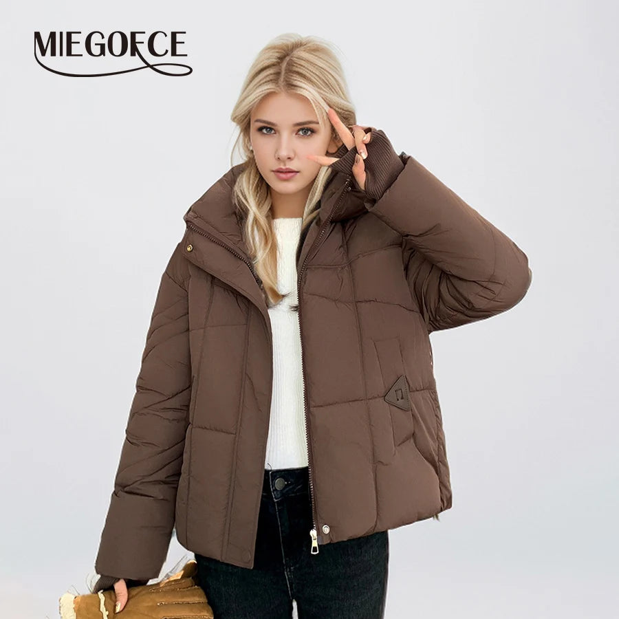 MIEGOFCE Frühling Herbst Kurze Frauen Jacke Große Tasche Stehkragen Mit Kapuze Mantel Warme Gestrickte Gewinde Hülse Parka MZ-24585