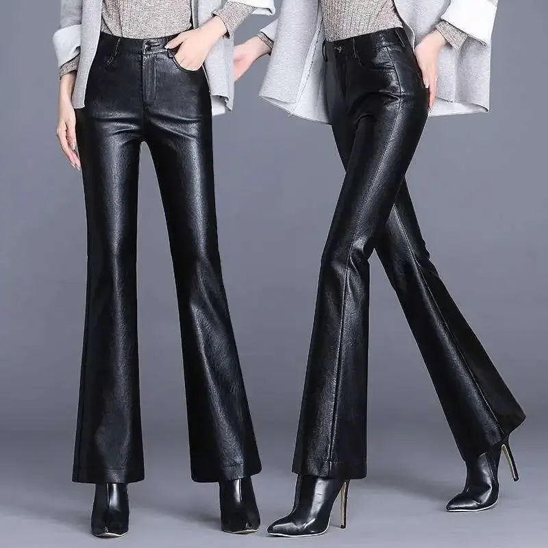 Women Leather Pants High Waist Flared Pants Slim Fit Side Pockets Solid Color Casual Party Fall Trousers Spring Autumn T627