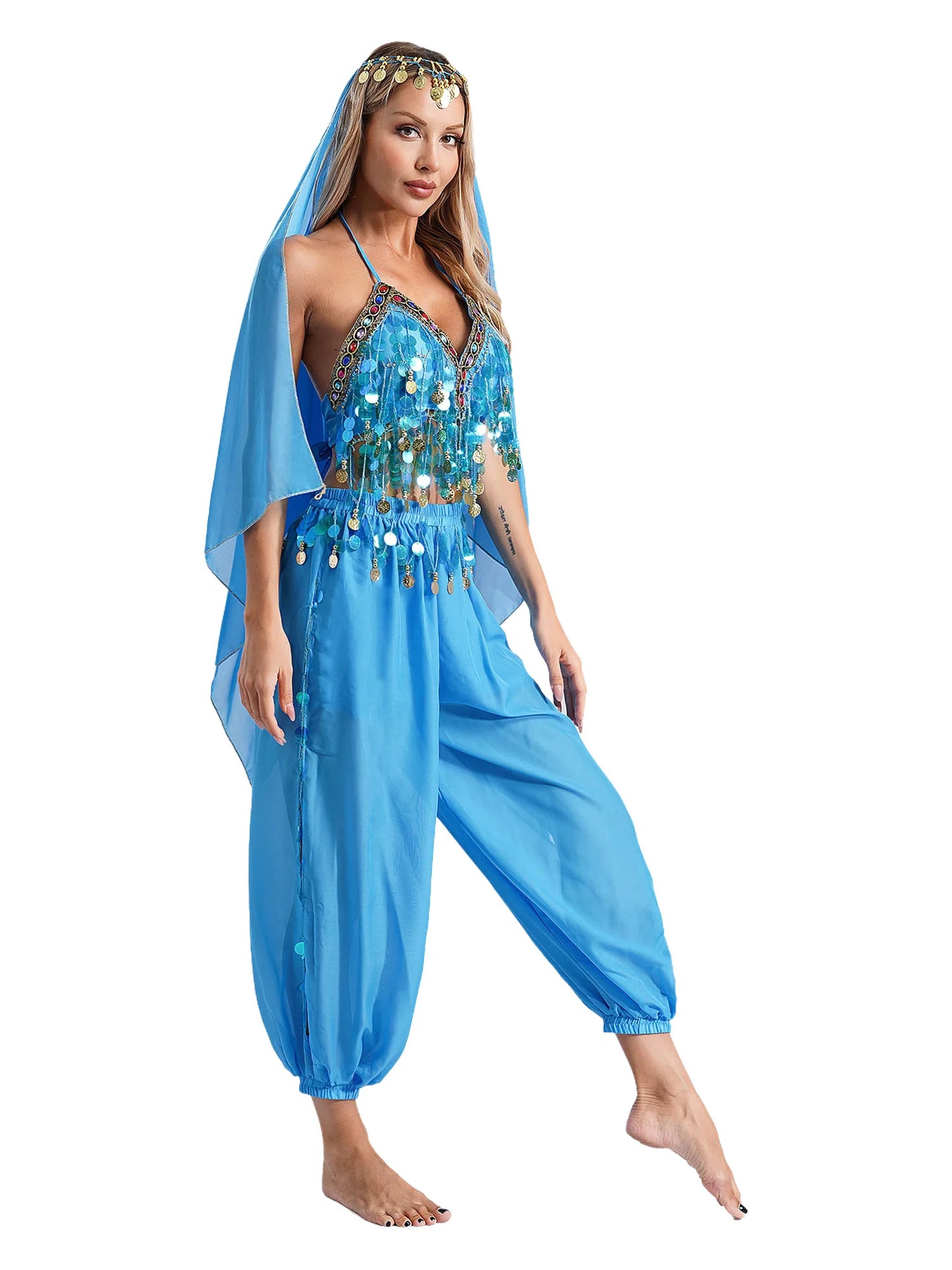 Damen Bauchtanz Prinzessin Kostüm Pailletten Top Harems hose mit Kopfs ch leier für indische Bollywood Halloween Party Bühnen performance