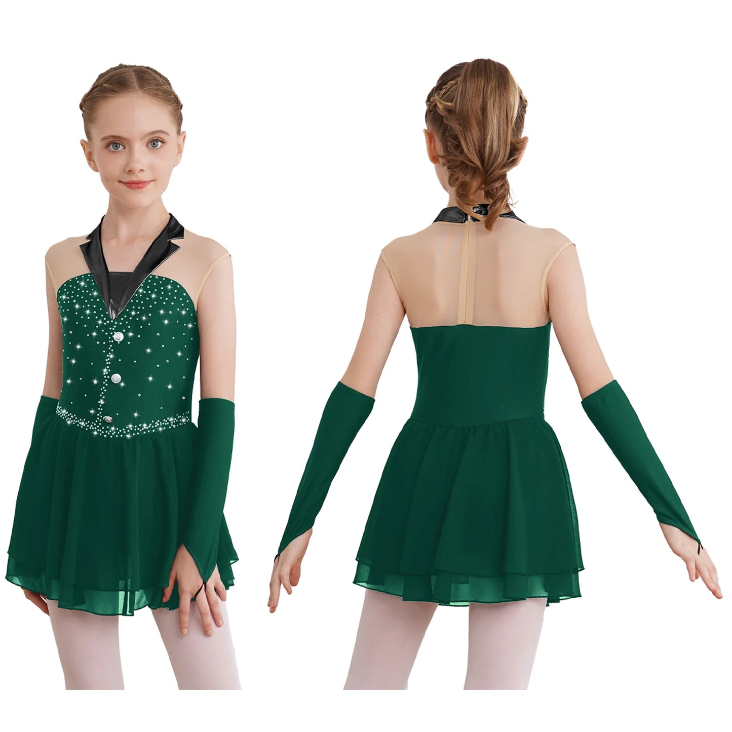 Kids Girls Figure Skating Costume Sequins Ballet Dance Dress with Fingerless Gloves Gymnastics Skirted Leotard Lyrical Dancewear