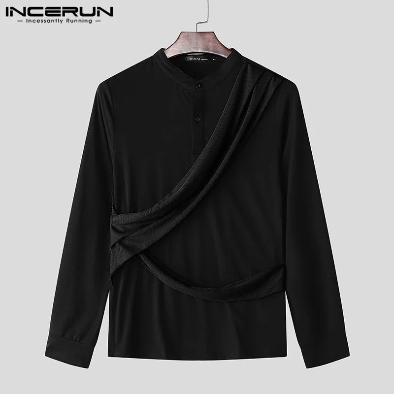 INCERUN Tops 2024, amerikanischer Stil, Herrenmode, Dekonstruktion, Spleißen, Hemden, lässige Streetwear, solide, langärmelige Reversbluse