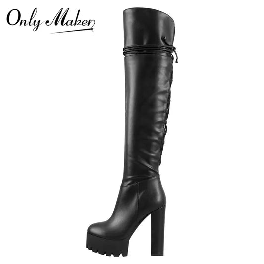 Nur Hersteller über dem Knie Stiefel Frauen schwarze Plattform High Heel Stiletto hohen Reiß verschluss plus Größe hand gefertigte Stiefel