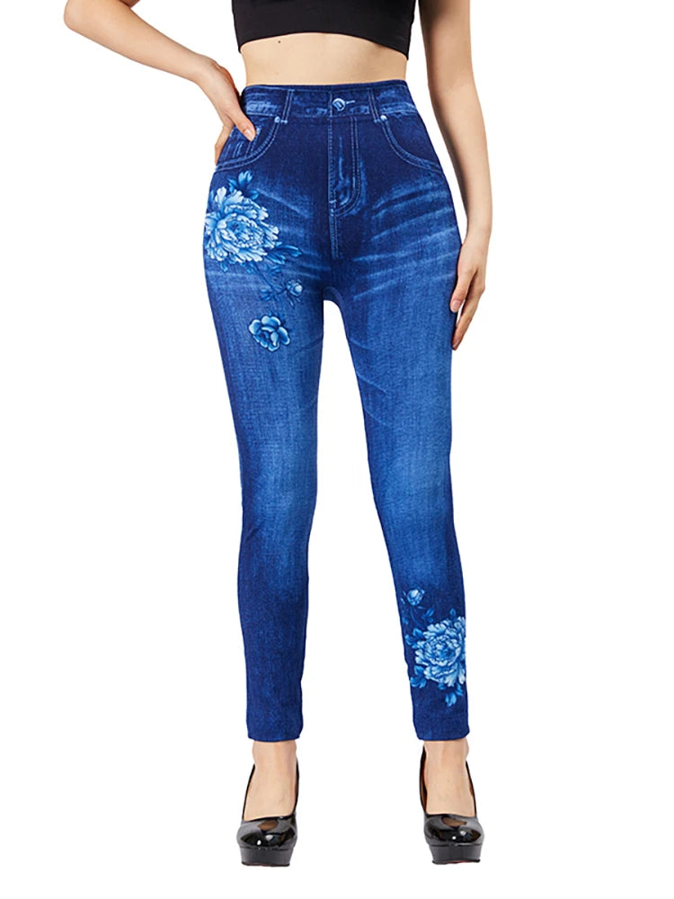 CUHAKCI Women Slim Fit Pants Blue Flower Print Leggings Imitation Denim Plus Size Fake Pockets Jeans Stretch False Jeggings