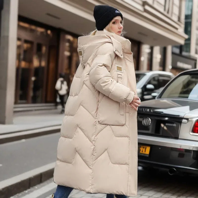 2024 Winter Parka Woman Long Jacket Hooded Thicken Loose Zipper Pockets Warm Snow Wear New Casual Female Down Cotton Padded Coat