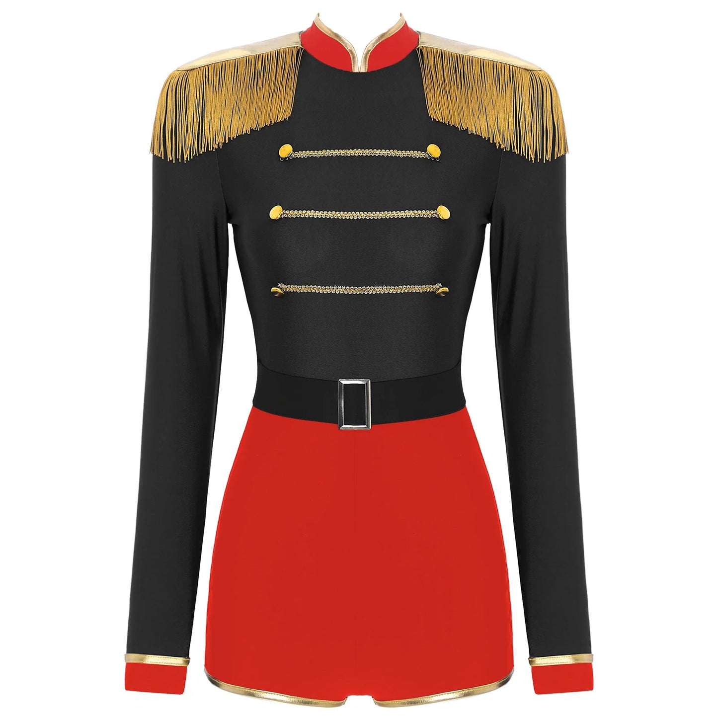 Womens Halloween Party Circus Ringmaster Jumpsuit Costumes Fringe Shoulder Boards Gold Decorated Contrast Cosplay Bodysuit