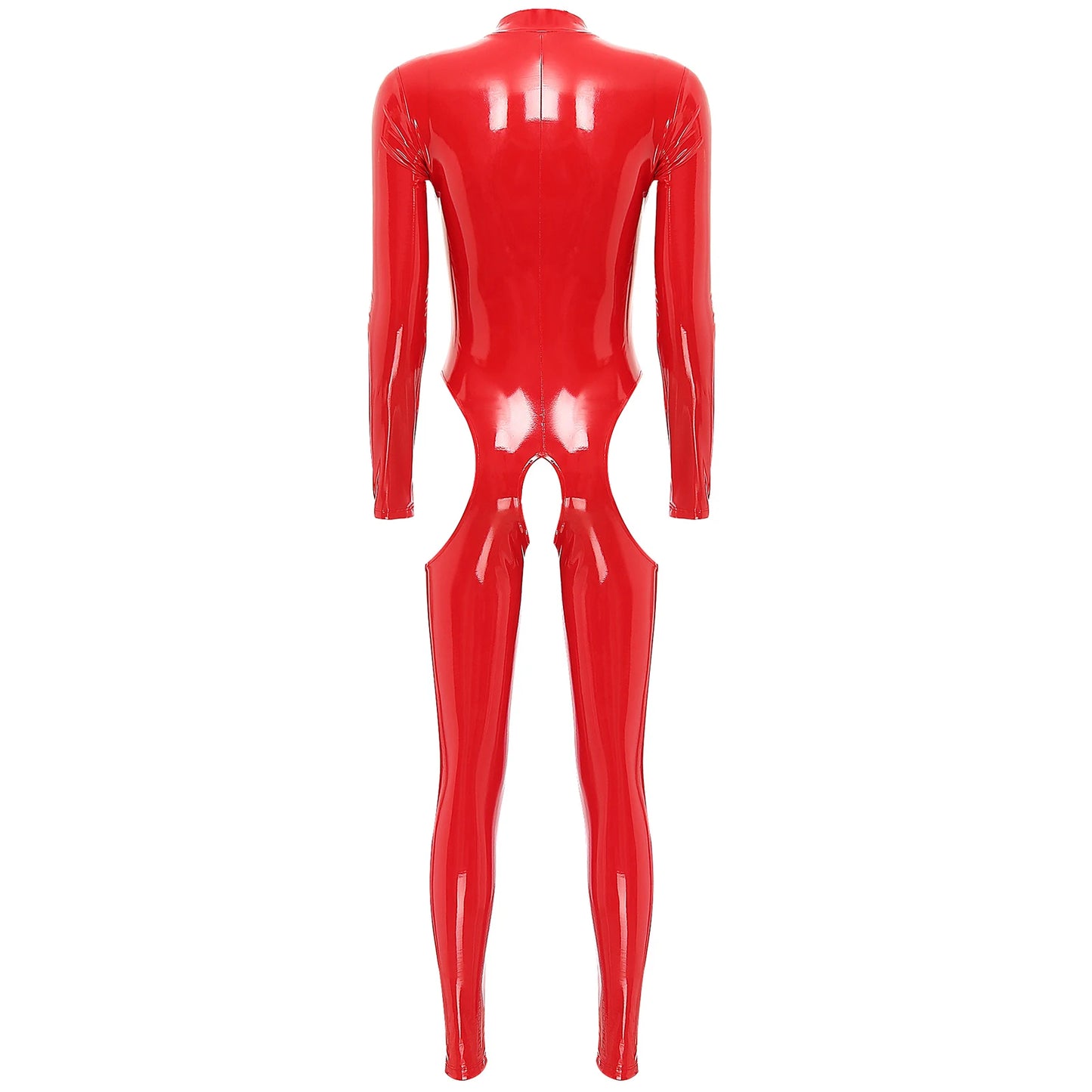 Damen Wet Look Lack leder Ausschnitt Schritt loser Overall Langarm Aushöhlen Skinny Bodysuit Catsuit Latex Clubwear