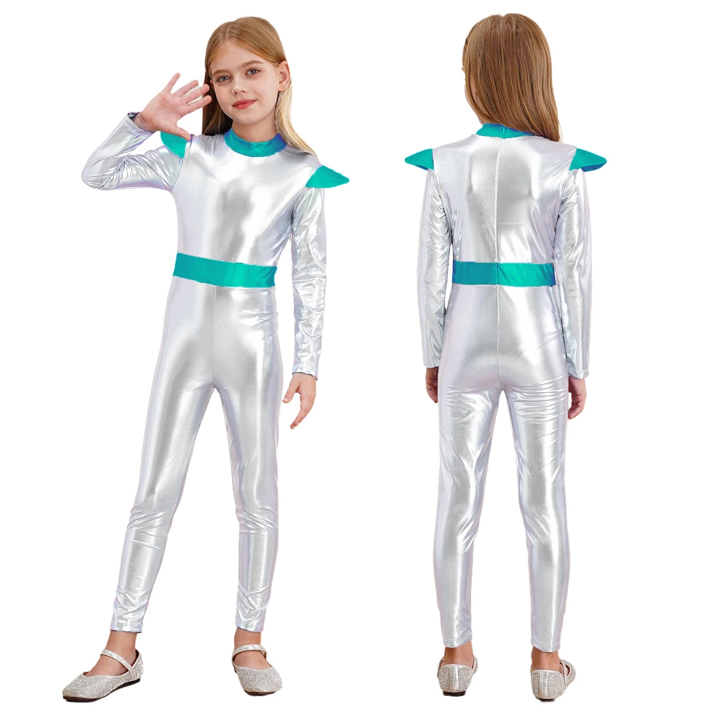 Kinder Mädchen Alien Kostüm Weltraum Kadett Holographische Metallic Ganzkörper Bodysuit Overall Halloween Party Cosplay Dress Up