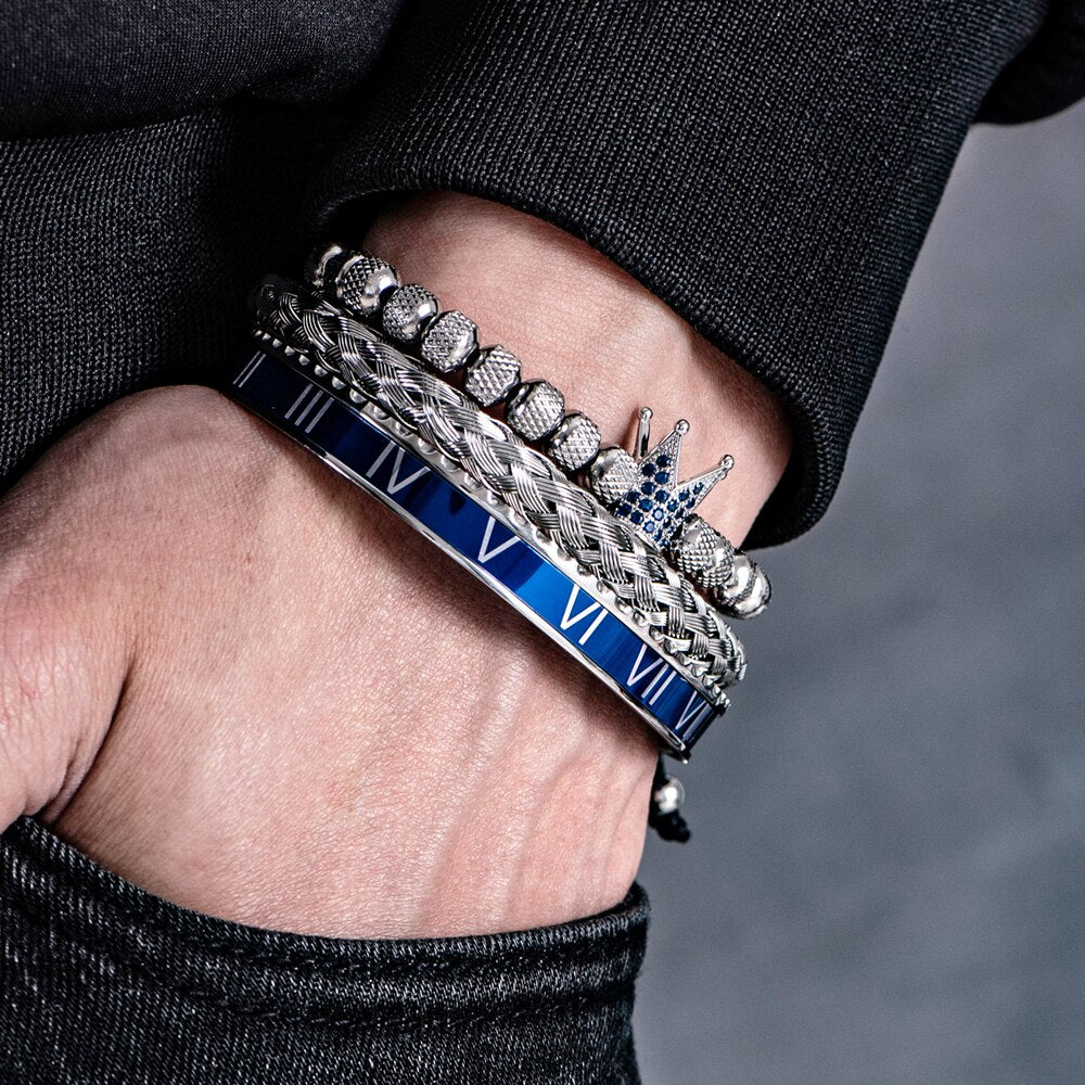 Luxury Roman Royal Micro Pave Blue CZ Crown Sets Bracelet Men Stainless Steel PulseirasOpen Adjustable Jewelry Dropshipping