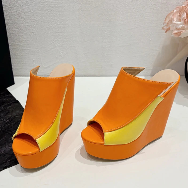 Liyke 2024 neue orange Leder Frauen Plattform Keile Hausschuhe sexy Peep Toe Super High Heels Sandalen Sommer Party Kleid Schuhe