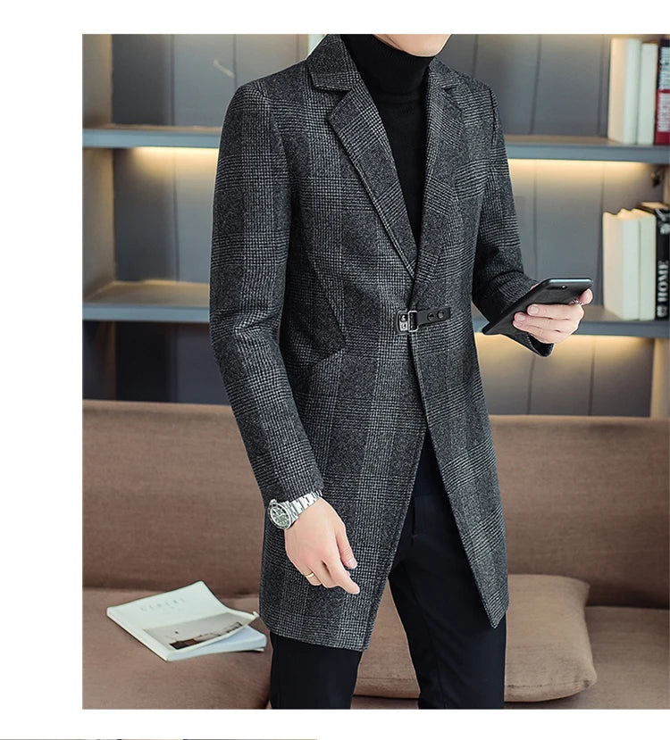 Business Casual Herren Mittellanger karierter Mantel Frühling Herbst Wollmäntel Outwear Karierte Windjacke Slim Fit Trenchjacken