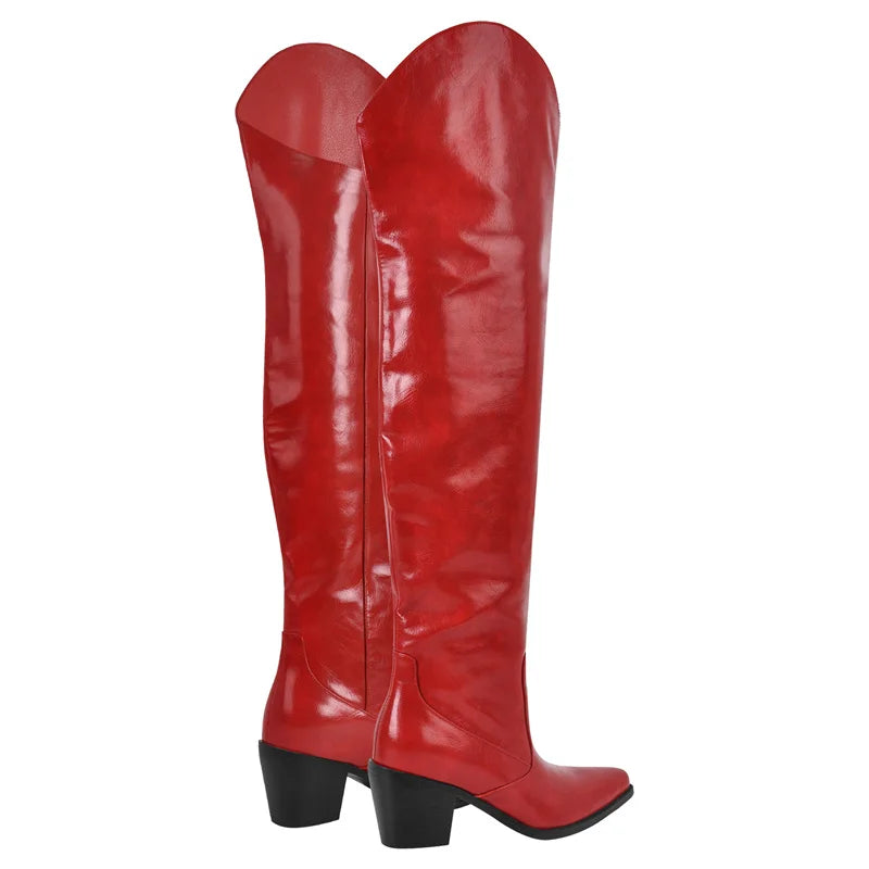 Onlymaker Damen-Overknee-Stiefel, rot, spitzer Zehenbereich, 6,5 cm Absatz, Winter-Oberschenkelstiefel