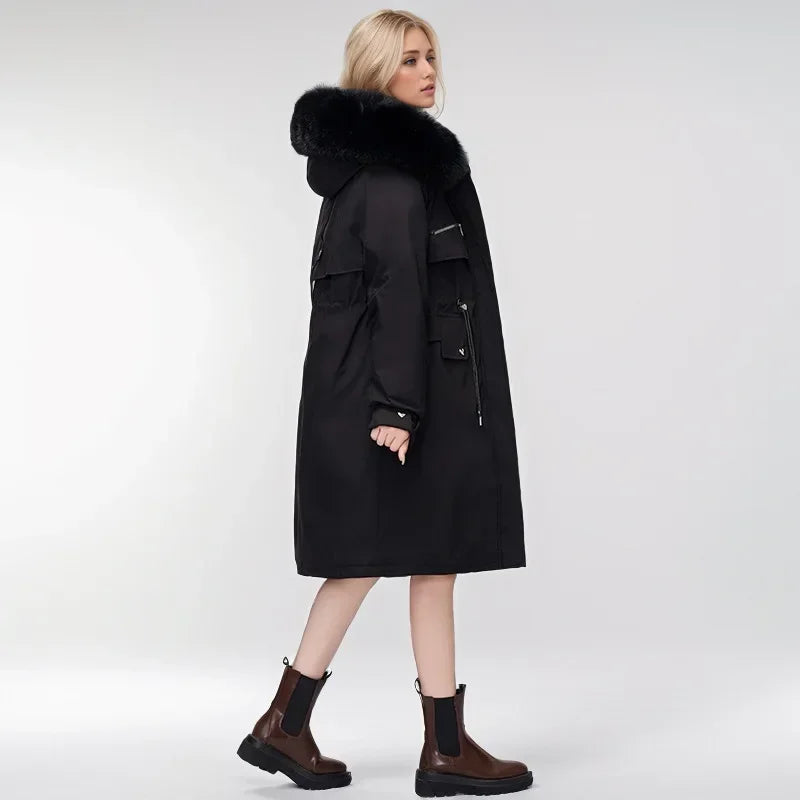 2024 neue Winter Frauen Parka Kleidung lose lange Mantel Wolle Liner Kapuze Daunen Baumwoll jacke Pelz kragen dicken warmen Schnee tragen gepolstert