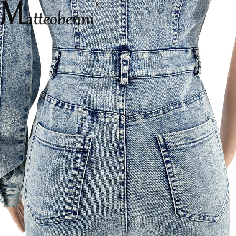 Frauen 2023 Herbst Einzigen Ärmeln Off Schulter Slim Fit Overall Licht Blau Jeans Spleißen Tasche Casual Denim Kleidung Weibliche