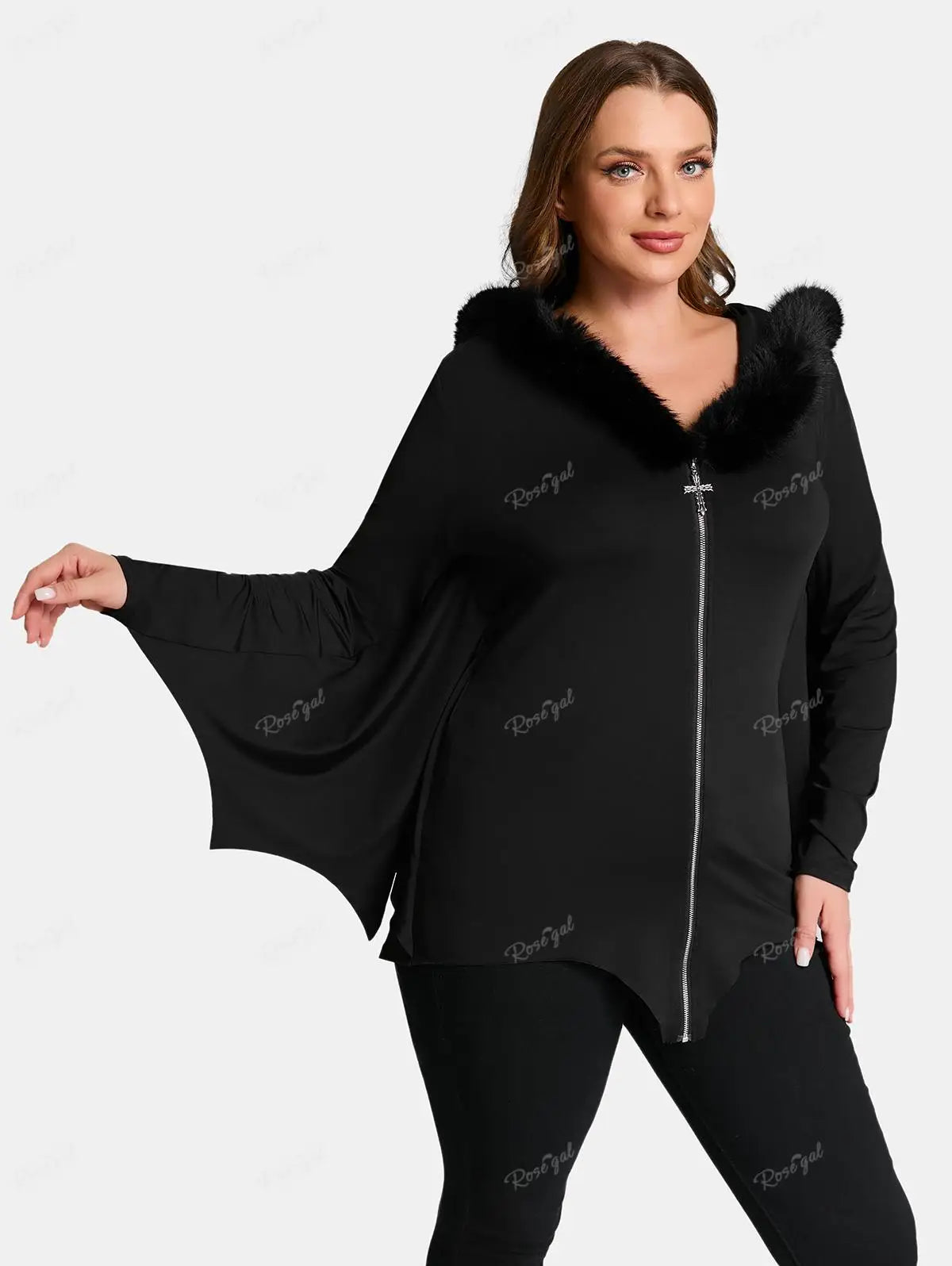 Ros gal Plus Size Damen voller Reiß verschluss Pelz Hals Fledermaus Flügel Kapuzen mantel schwarz High Stretch Jacken lässig Frühling Herbst Outwear Tops