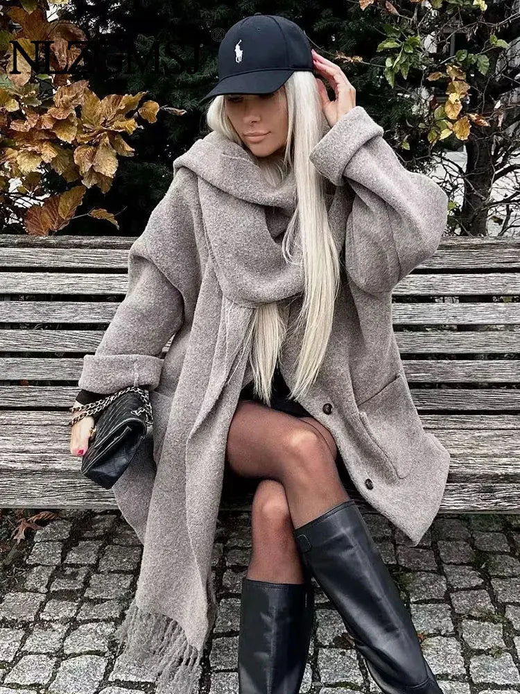 Traf 2024 Herbst Winter mit Schal Strick jacke Frau übergroße Jacken für Frauen Mäntel Langarm Streetwear Oberbekleidung